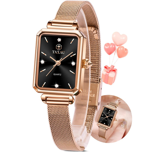 Taxau Black Watch for Women Womens Square Watch Dress Diamond Mesh Watches for Women Rose Gold Watches